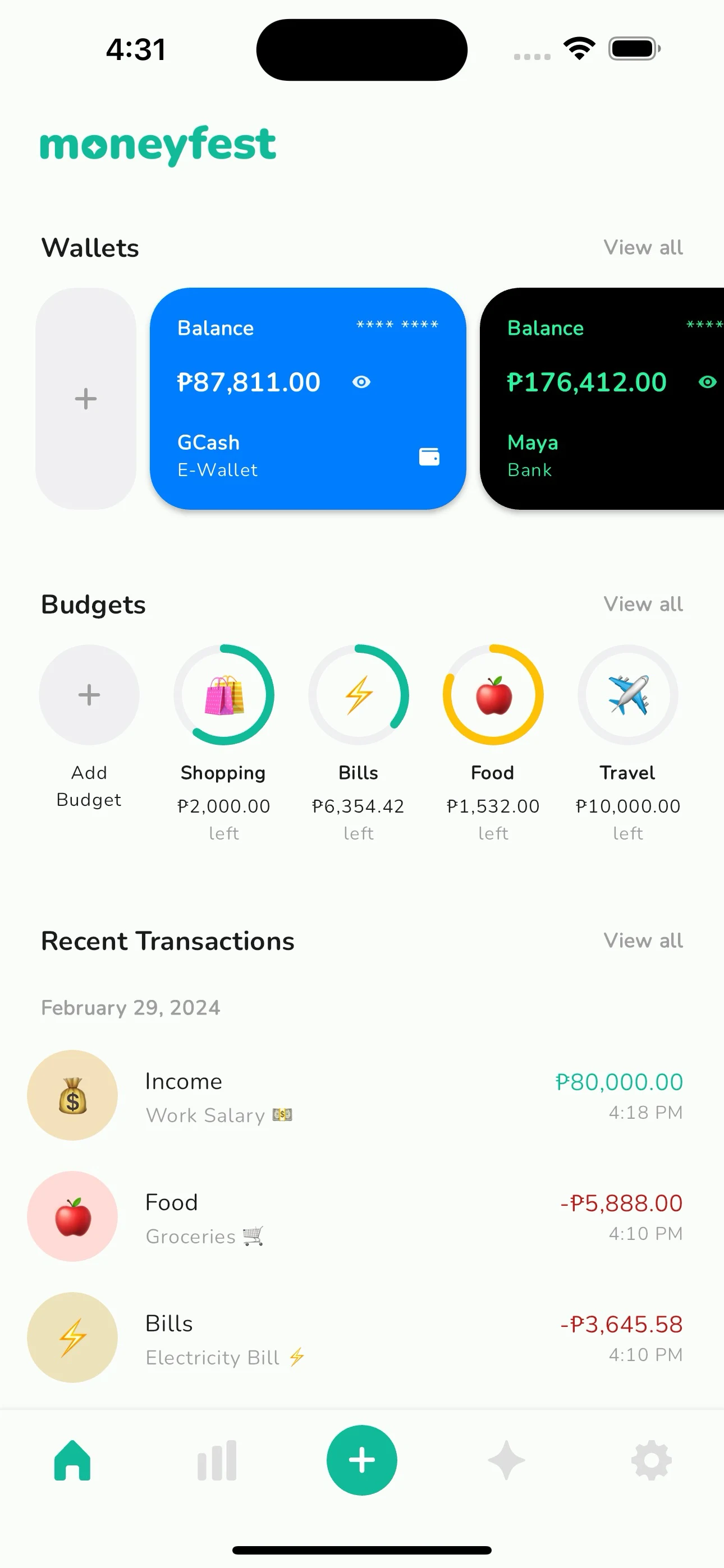 Moneyfest — Home screen