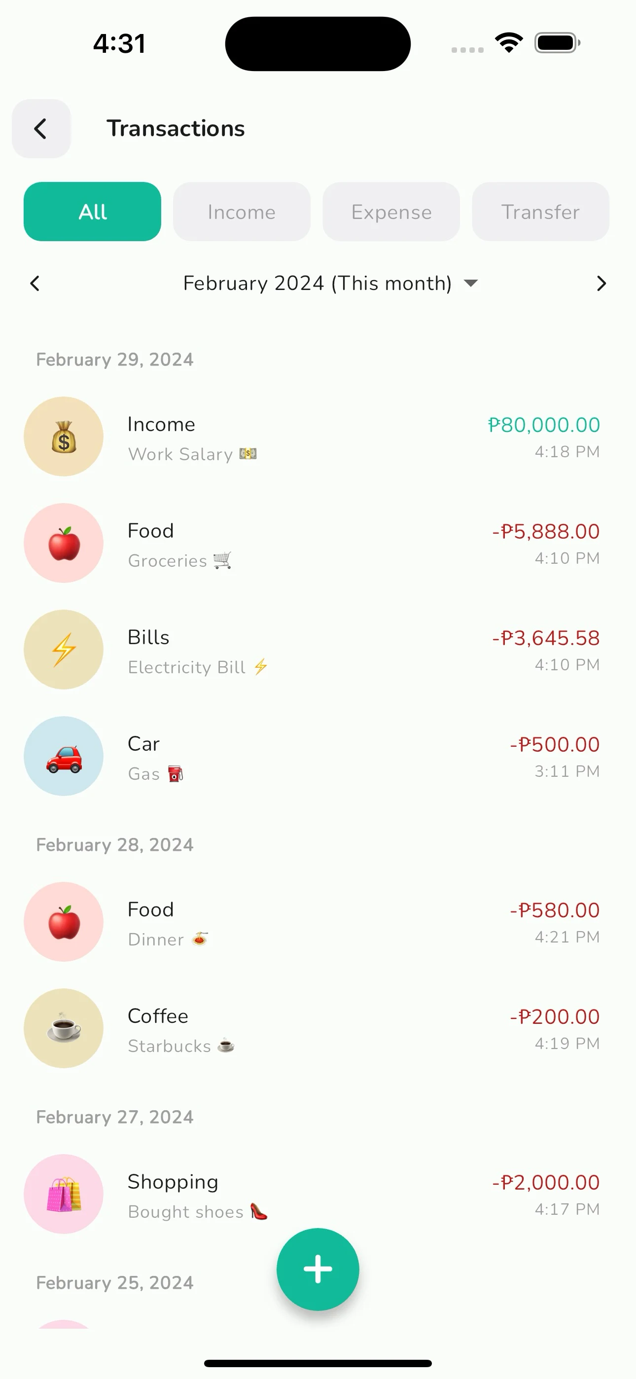 Moneyfest — Transactions screen